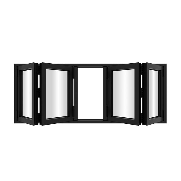 KaMic Versa-Fold 96" x 42" 4 Panels Aluminum Folding Window in Black, Folded Out from Dual Open Model #: FW4PBK9642-DO
