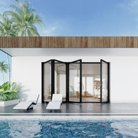KaMic Elite-Fold 120" x 80" 4-Panel Aluminum Folding Door in Sleek Black with Hidden Hinges &amp; Rollers, Right-to-Left Outward Folding Design - Model # SE-FD4PBK12080-RL