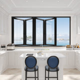 KaMic Elite-Fold 96" x 42" 4-Panel Aluminum Folding Window in Sleek Black with Hidden Hinges & Rollers, Left-to-Right Outward Folding Design - Model # SE-FW4PBK9642-LR
