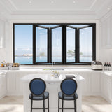 KaMic Elite-Fold 96" x 42" 4-Panel Aluminum Folding Window in Sleek Black with Hidden Hinges & Rollers, Right-to-Left Outward Folding Design - Model # SE-FW4PBK9642-RL
