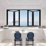 KaMic Elite-Fold 96" x 48" 4-Panel Aluminum Folding Window in Sleek Black with Hidden Hinges & Rollers, Dual Open Outward Folding Design - Model # SE-FW4PBK9648-DO